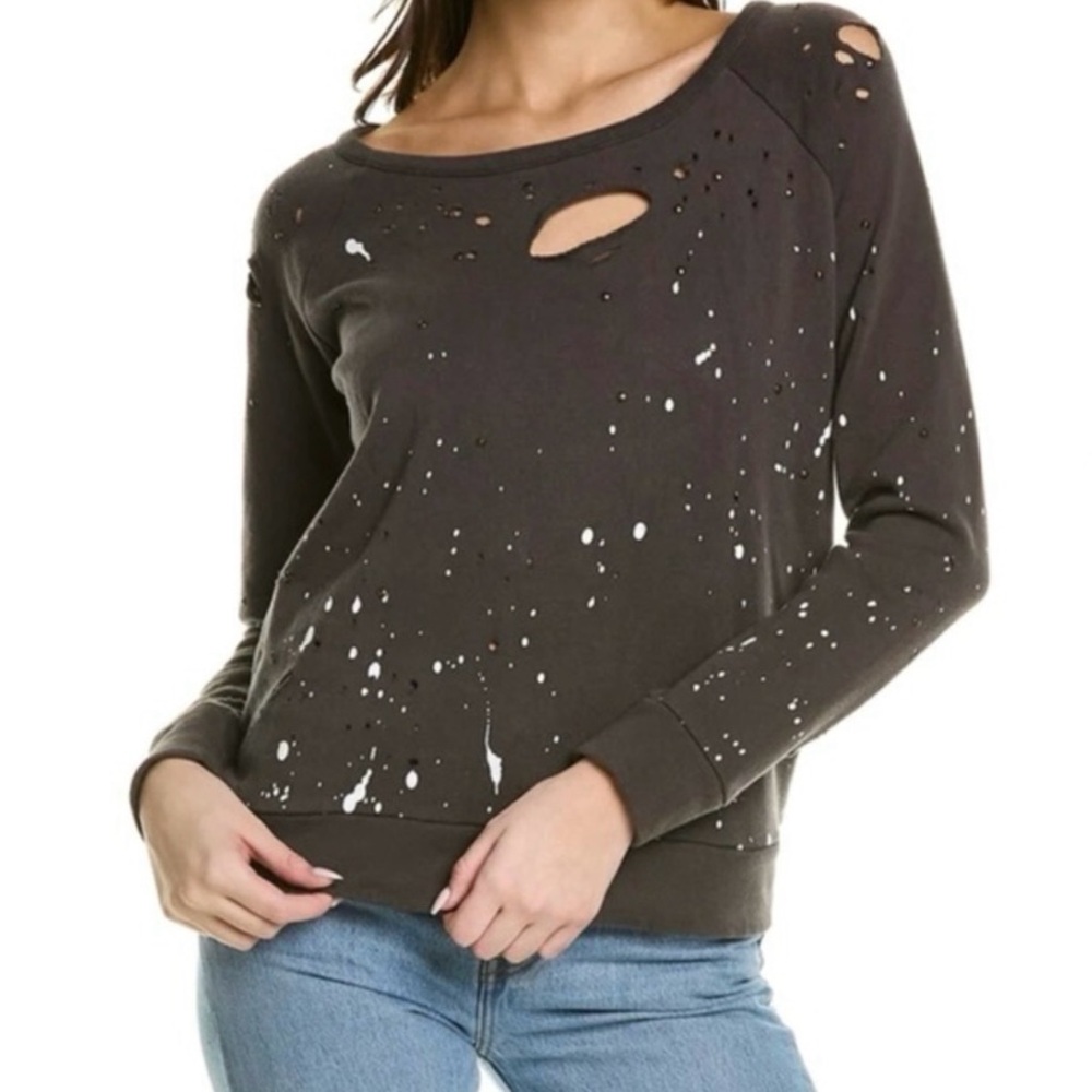 Chaser charcoal paint splatter and stud distressed sweatshirt w holes
Aisle “i - Picture 1 of 8